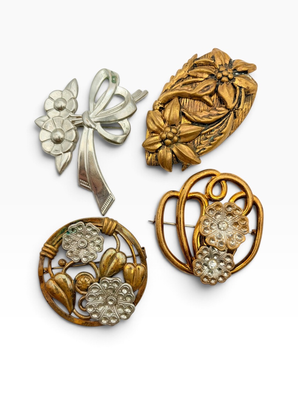 Vintage 1920s–1940s Art Deco Floral Brooch and Dress Fur Clip Lot